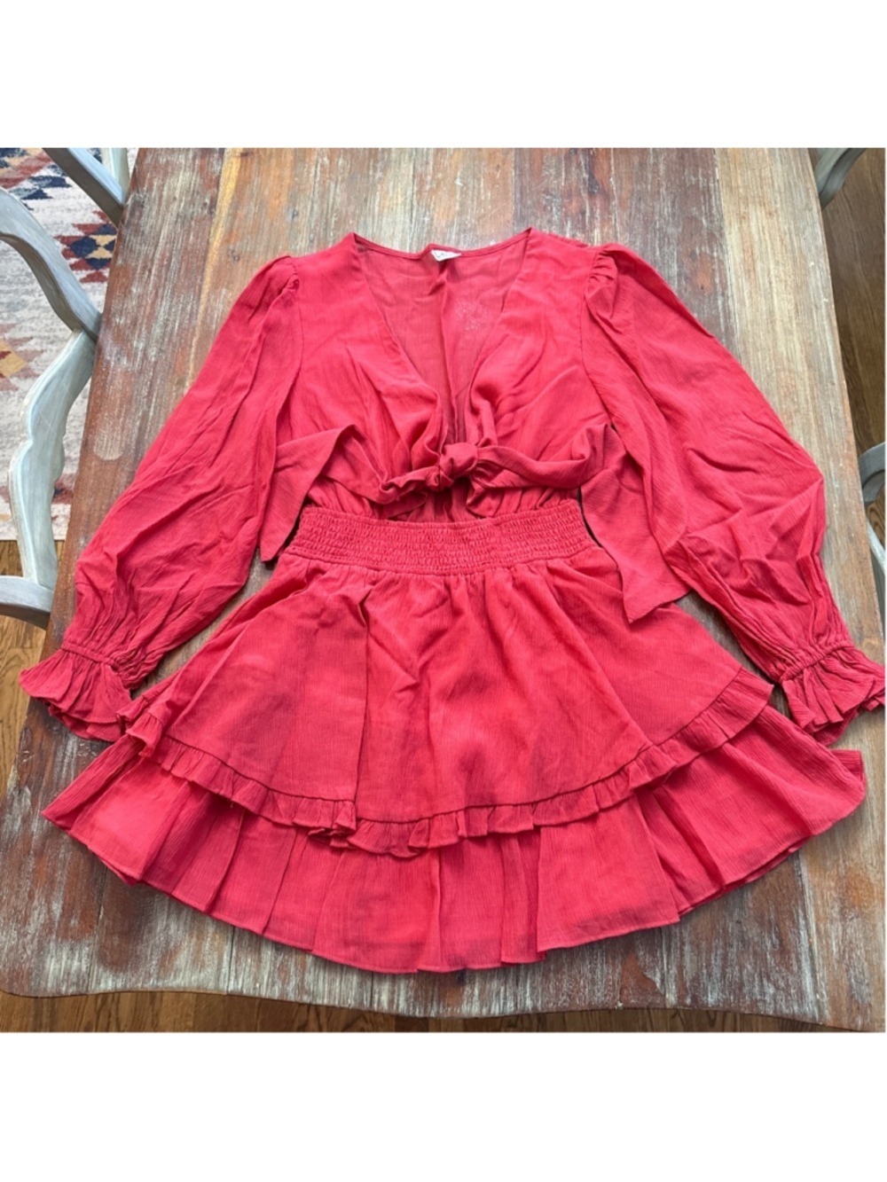 Angel Biba Red Tie Front Ruffle Tiered Mini Dress Long Sleeve Boho US S AU 8